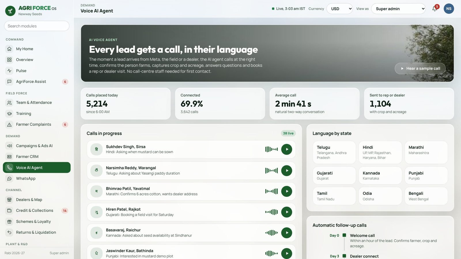 Voice AI agent call log with transcripts